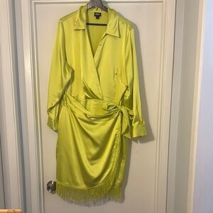 I.N.C. Lime green  Satin Wrap Dress with Fringe size 2X